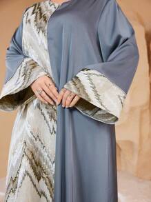 Al Najma 女士喇叭袖提花缎面拼接饰边宽松优雅连衣裙，舒适大码阿拉伯风格派对礼服