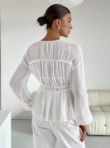 SHEIN Essnce 女士纯色前扣长袖休闲透明衬衫 - 白色 - 查看 3
