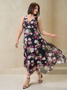 Chikora Spring Women's Black Base Red Chiffon Floral Print Sleeveless Plus Size Dress, Elegant Coat Beautiful Clothing Women Dresses Elegant Dresses Women Summer Dresses Women Summer Dresses Elegant Women Dresses Summer Dresses Plus Size Women Dresses Summer Elegant Women Dresses Holiday Dresses