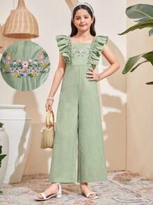 SHEIN Leap Crew Tween Girls Woven Chiffon Ruffle Embroidered Wide Leg Jumpsuit, Mint Green, Suitable For Spring Outing, Resort, Garden Tea, Casual Outings - Mint Green - View 1