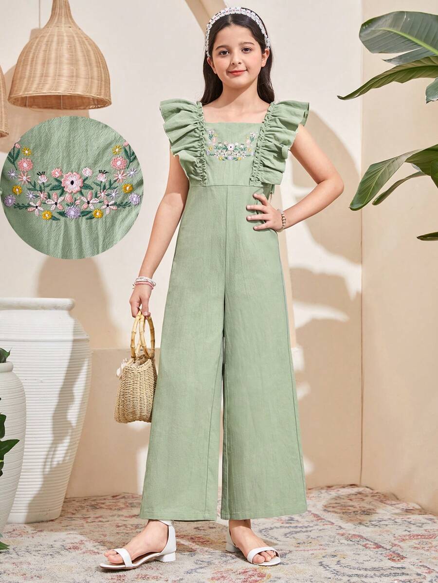SHEIN Leap Crew Tween Girls Woven Chiffon Ruffle Embroidered Wide Leg Jumpsuit, Mint Green, Suitable For Spring Outing, Resort, Garden Tea, Casual Outings - Mint Green - View 1