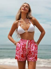 Swim Vcay Women Springbreak Casual Random Floral Print Waist Ruched Beach Shorts, Summer Festival Boho Vacation - Multicolor - View 3