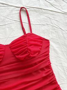 Soleia Mesh Ruched Strappy Mini Dress,Red,Summer,70's,Club Night,Party Disco,Bohemian,Music Festivals,Vacation,Holiday,Afternoon Tea,Date,Red Color Dress - Red - View 5