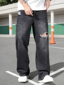 Manfinity Homme Men's Straight Loose Distressed Pocket Jeans - Black - View 3