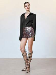 SHEIN LUNE Camicia in raso nera con spalle imbottite, maniche lunghe e bottoni, casual elegante da donna, adatta per l'ufficio, l'estate, occasioni formali, serate, compleanni, feste, matrimoni, eventi serali e cocktail - nero - Visualizzare 4