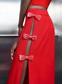 Maija Women's High Slit Bow Decorated Red Side Slit Skirt, Versatile All-Season Elegant Romantic Design, Fashionable Maxi Length Skirt, Suitable For Girlfriend Gifts, Valentine's Day Festival - Red - View 6