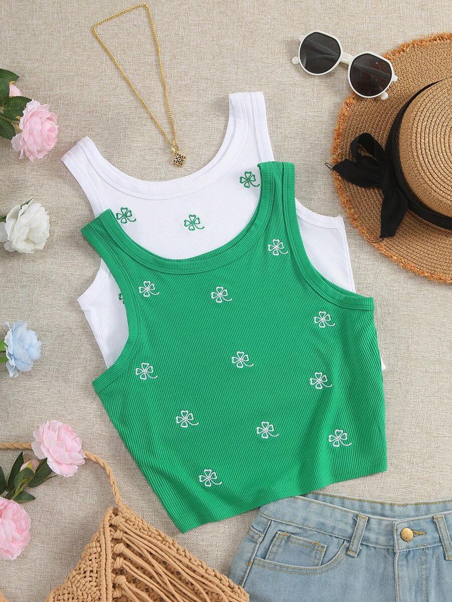 INAWLY 2pcs Clover Embroidered Ladies Crop Tank Top