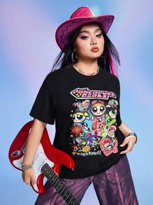 THE POWERPUFF GIRLS X SHEIN Plus Size Summer Loose Blossom, Bubbles, Buttercup Pattern T-Shirt
