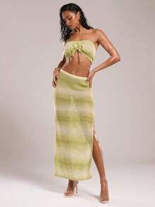 SHEIN BAE Women's Vacation Beach Gradient Side Slit Hollow Out Knit Skirt - Multicolor - View 6