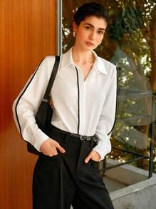 SHEIN LUNE Women's Casual Business Color-Block Long Sleeve Woven Shirt Fall Cloth For Women - Black and White - View 3