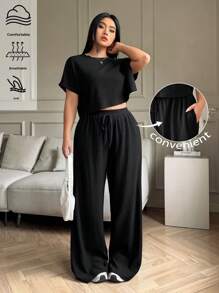 Solflare Plus Size Solid Crew Neck Short Sleeve Top And Long Pants Casual Vacation Cool Feeling 2 Pieces Set,Summer /Spring Women Outfit,Spring Break - Black - View 2