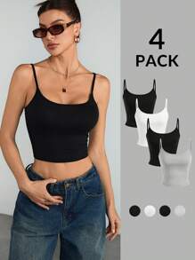 SHEIN Tall 4pcs Women Simple Solid Color Casual Versatile Cropped Camisole - Multicolor - View 11