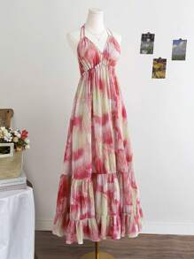 Soleia 女式露背 V 领抽绳连衣裙，花卉印花，适合夏季、假日 - 彩色 - 查看 1