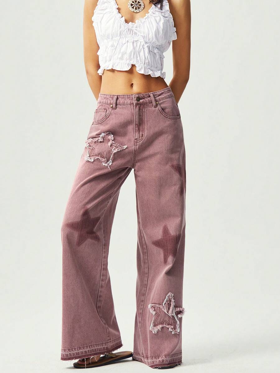 Bohemela 编织纯色五角星图案洗水阔腿牛仔裤