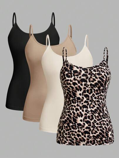 SHEIN EZwear Plus 4pcs Solid & Leopard Cami Top Back To School