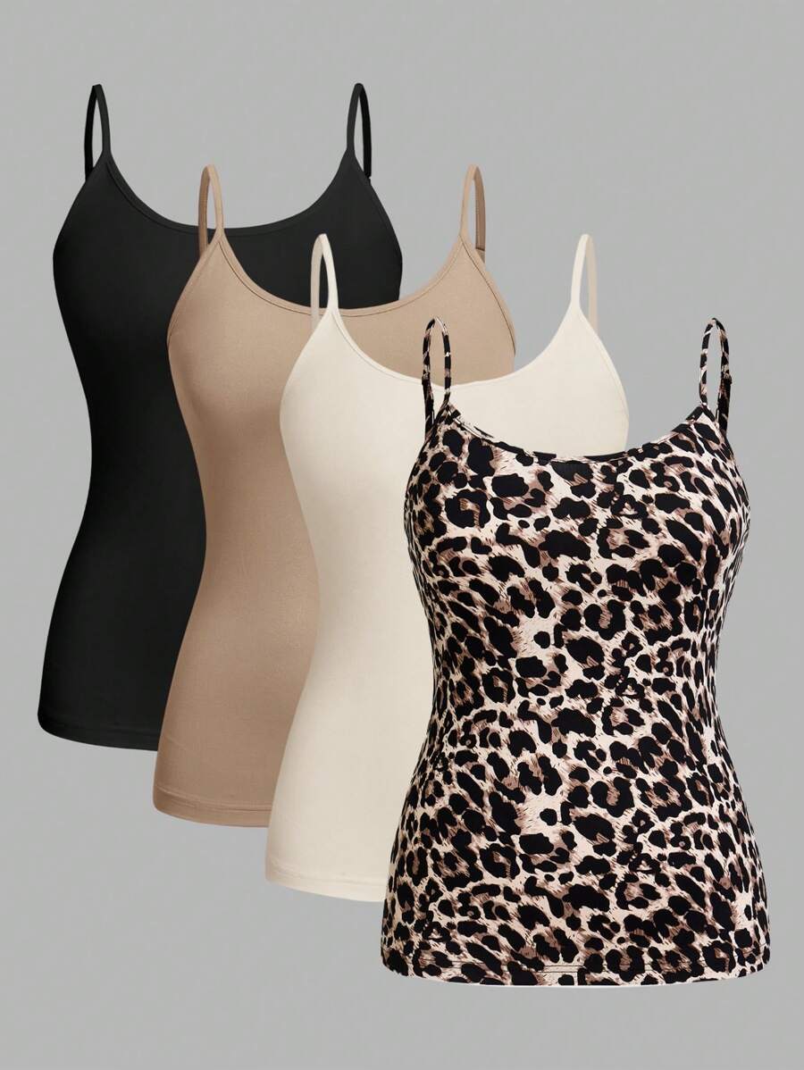 SHEIN EZwear Plus 4pcs Solid & Leopard Cami Top Back To School - Multicolor - View 1