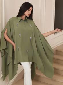 Al Najma Handgefertigtes Hemd mit asymmetrischem Saum, elegant und stimmungsvoll, Damen Arabische Bekleidung Oberteil, einfarbig, einfache Mode, Lässig, Alltag - Armeegrün - Übersicht 5