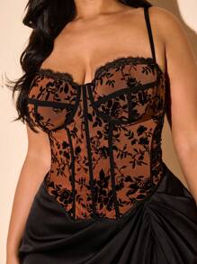 SHEIN BAE Plus Size Fall Sweet Sexy Black Lace Floral All Over Flocked Mesh Print Asymmetric Hem Spaghetti Straps Corset Top