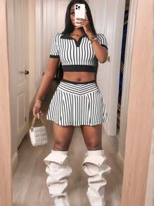 Slaydiva Spring/Summer New Music Festival Western Style Boho Easter Nashville Birthday Party Graduation Student Daily Casual All-Match Versatile Leisure Holiday Cruise Beach Sunbathing Viral Streetwear Back To School Minimalist Casual Sports Streetwear Striped Texture Pleated Women Set - Black and White - View 3