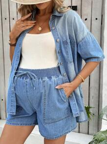 SHEIN Chaqueta vaquera azul de manga corta holgada informal para embarazadas, chaqueta de verano y primavera para mujeres, apta para fiestas, vacaciones, citas, el Día de San Valentín, el té de la tarde, atuendos de verano, para primavera/verano, vacaciones, apropiada para el verano, regalo del Día de la Madre