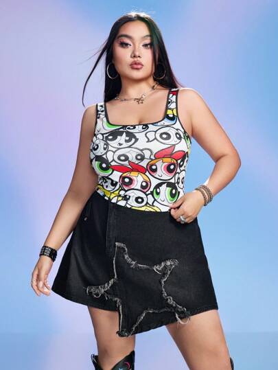 THE POWERPUFF GIRLS X SHEIN Plus Size Versatile Y2K Style Cartoon Graphic Black & White Tank Top, For Summer Music Festival