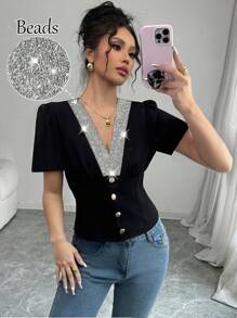 Calvaya Women's Sequin Patchwork V-Neck Elegant Blouse