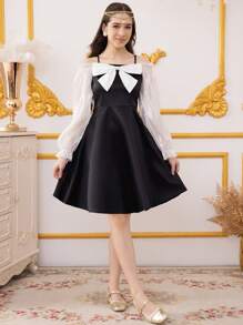 Holiday,Summer,Travel  Teen Girls Dresses, Suitable For Party, Wedding, Valentine's Day Gift, Flower Girl - Black Waist Cinching Knee-Length Dress With Satin Finish, Sheer Organza Long Sleeves With Ruffle Trim, Front Decorative Bow, Elegant, Luxurious, Suitable For Outing, Family Gathering, Party, Birthday - Multicolor - View 4