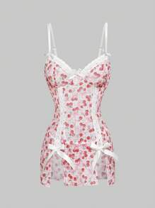 ROMWE Kawaii Sweetheart Pastoral Style Girl Cherry Full Print Lace Stitching Bowknot Sexy Dress Set - Multicolor - View 2