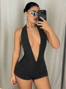 SHEIN ICON Women's Y2k Spring Summer Sexy Deep V-Neck Halter Backless Romper Unitard,Casual For Everyday Wear - Grey - View 4