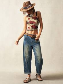 Bohemela Top de mode féminin imprimé floral asymétrique sans manches pour villégiature