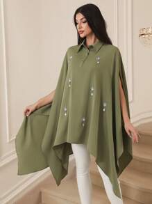 Al Najma Handgefertigtes Hemd mit asymmetrischem Saum, elegant und stimmungsvoll, Damen Arabische Bekleidung Oberteil, einfarbig, einfache Mode, Lässig, Alltag - Armeegrün - Übersicht 2