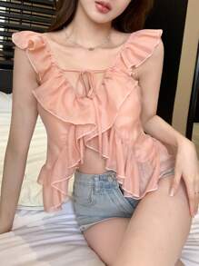 DAZY Áo cánh chiffon xếp nếp dây rút cho nữ - trắng - Xem 8