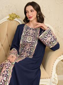 Al Najma Front Split-Sleeve Sequins Colorful Trim Big Hem Arabic Style Dress, Spring/Summer,Modest