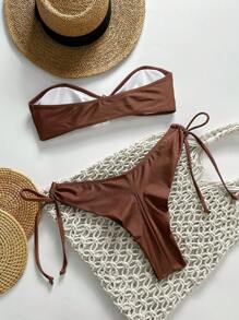 SHEIN Swim Spring Break Women 2 Pieces Swimwear Set, Sexy Casual Vacation Vintage Solid Soft Cup Bandeau Bra With Metal Starfish Decor & Tie Side Briefs, Summer Beach - Coffee Brown - View 2