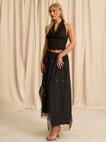 Glamine Falda con sobreposición de malla de talle alto