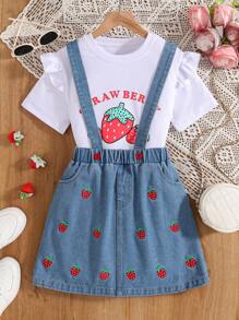 Tween Girl Strawberry Lettering Printed Round Neck Short Sleeve T-Shirt & Embroidered Denim Overall Skirt - White - View 1