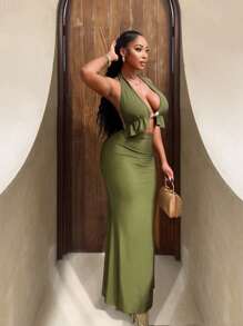 BamGleam Women's Solid Color Ruffled Hem Deep V-Neck Halter Tank Top & Fishtail Mini Skirt Sexy 2 Pieces Set