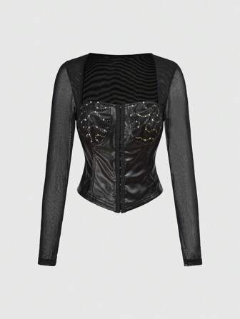 Grunge Punk Plus Size Y2K Sequin Patchwork PU Leather & Mesh Crop Top