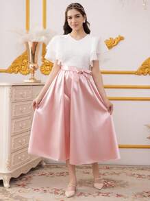 2pcs Set: Teens Girls Exaggerated Flare Sleeve Top And Mini Skirt Suit - Multicolor - View 3