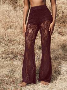 Opulessa Pantalones largos de mujer con cintura alta, con volados y encaje, ideales para vacaciones