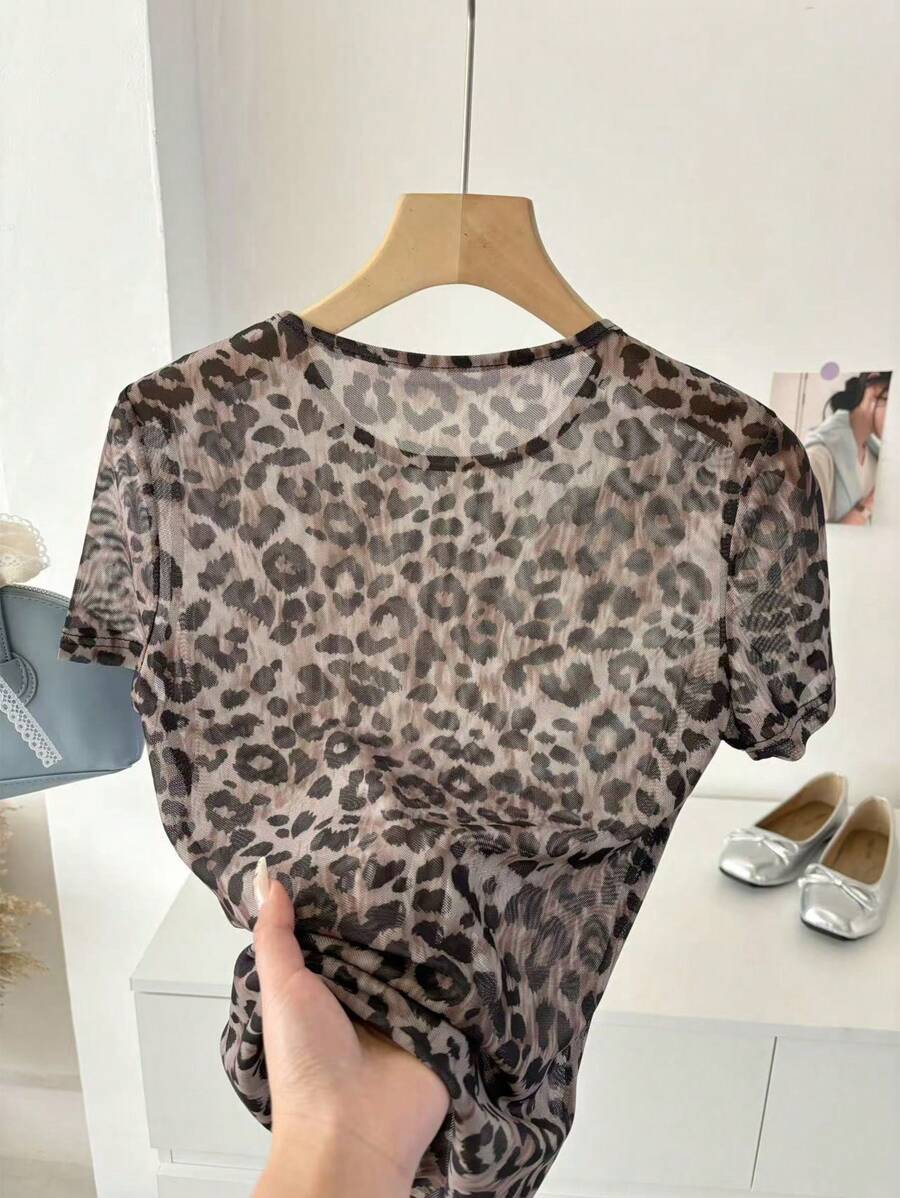 SHEIN LUNE 女款圓領復古豹紋網紗上衣,休閒通勤優雅修身緊身款 - 彩色 - 查看 1