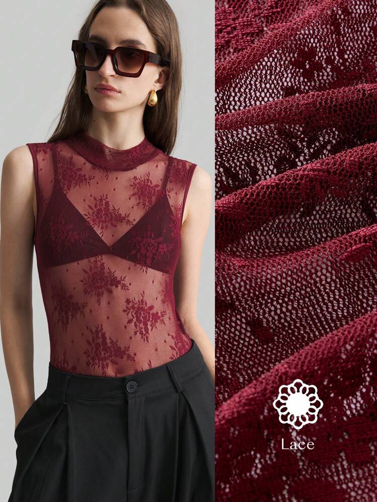 Women's Lace Sleeveless Mock Neck See-Through Bodysuit,Burgundy,Summer,Seksi Chic,Night Out,Elegant Outfit Shows Body Curve,Vintage Music Festival