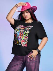 THE POWERPUFF GIRLS X SHEIN Plus Size Summer Loose Blossom, Bubbles, Buttercup Pattern T-Shirt