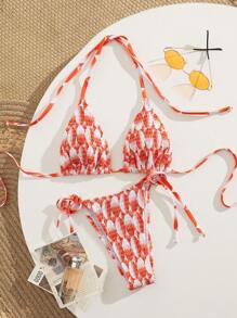SHEIN Swim Bikini Set mit mehreren Stichelstichen und Schnürung, gestreift, Damen Lässig Strandurlaub Bademode Zweiteiler - Rot-Weiß - Übersicht 1