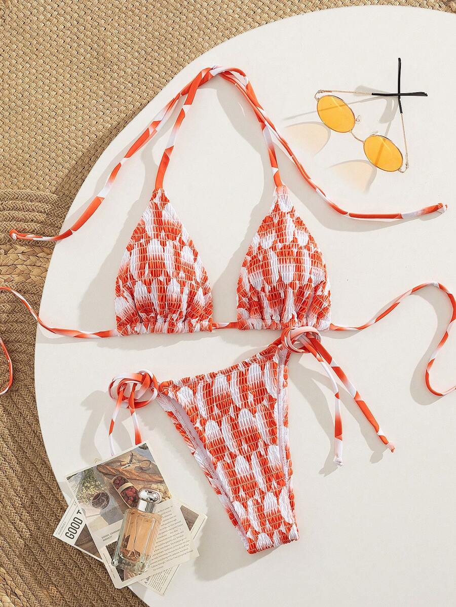 SHEIN Swim 多针缝系带条纹比基尼套装,女士休闲海滩度假泳装两件套 - 紅白色 - 查看 1