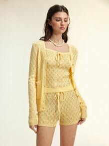 SHEIN LUNE 3pcs/Set Women's Bright Yellow Knitted Camisole, Casual Commute & Vacation Sweet Style, Spring/Summer - Yellow - View 6