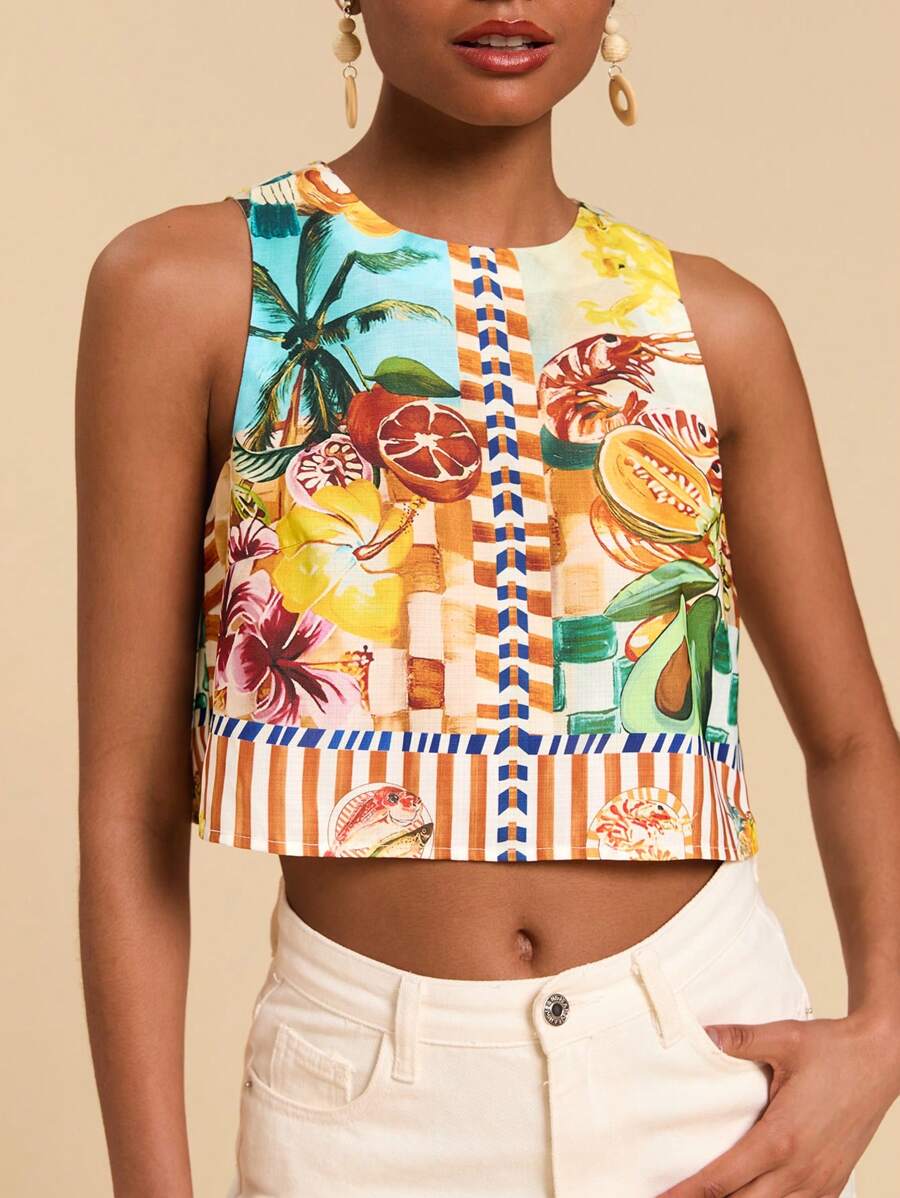 Travachic Canotta corta aderente da donna in misto lino, con stampa di frutti tropicali, senza maniche, stile boho, comoda e alla moda, adatta per vacanze estive - Multicolore - Visualizzare 1
