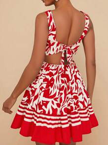 Travachic 女士编织印花后系带迷你连衣裙 - 紅色 - 查看 2