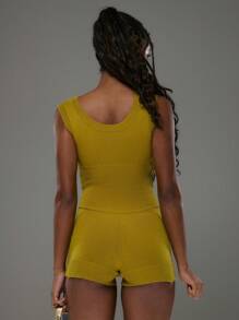 MUSERA Ribbed Knitted Cinched Waist Sleeveless Playsuit Spring Summer Deconstructed Festival Holiday Sexy Basics