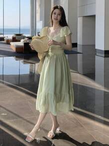 DAZY 女士夏季新款收腰优雅连衣裙，沙滩度假露肩长裙，休闲女士复活节连衣裙 - 綠色 - 查看 5